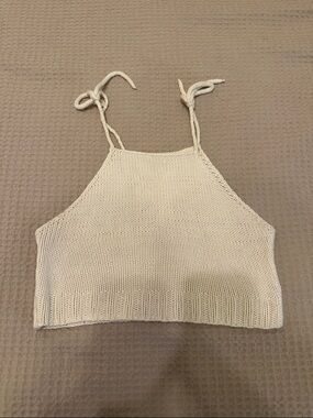 Cream Knit Tie-Strap Halter Crop Top